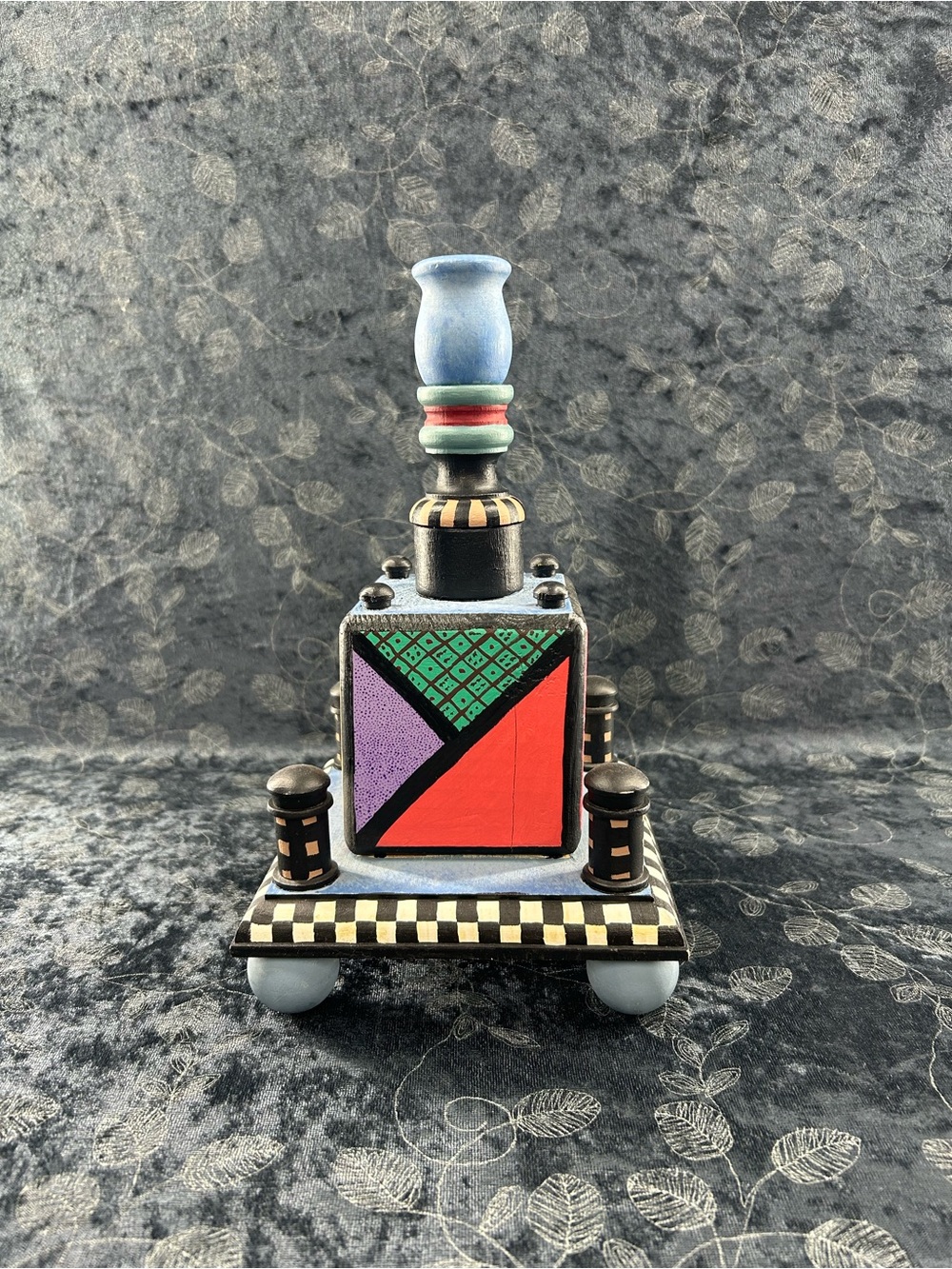 Whimsical handmade pillar candle holder wooden checkered eclectic maximalist